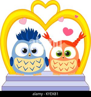 Cute baby owl in love wedding poster, heart, arc, stair Stock Vector