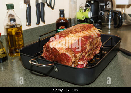 marinating meat on prime rib, Uncooked prime rib, homework Stock Photo