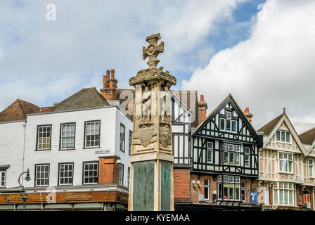 War memorial and historical buildings at the butter market in the old town center of Canterbury, in the County of Kent, South East England