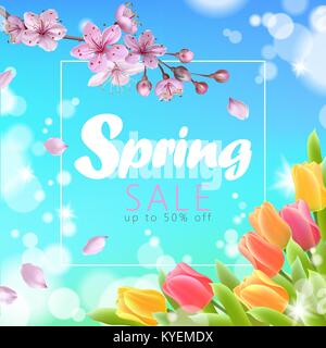 Realistic 3d spring sale script lettering web banner template. Color pink sakura cherry blossom tulip flower blue sky landscape background design shop square social poster vector illustration Stock Vector