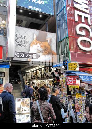 Sign for the Cat Cafe, a popular tourist destination on Takeshita Street, a major shopping district in Harajuku, Shibuya Ward, Tokyo, Japan, October 23, 2017. () Stock Photo