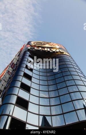 Low-angle view up the side of the Fujiya building in the Yurakucho Ginza district, known for its older restaurants and bars, in the Chiyoda Ward of Tokyo, Japan, November, 2017. () Stock Photo