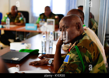 Senior officers from the Somali National Army (SNA) and the African Union Mission in Somalia (AMISOM), attend a joint SNA and AMISOM  conference in Mogadishu on August 19, 2017. AMISOM Photo / Ilyas Ahmed Stock Photo