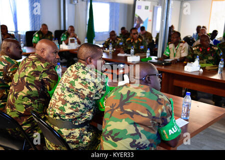 Senior officers from the Somali National Army (SNA) and the African Union Mission in Somalia (AMISOM), attend a joint SNA and AMISOM  conference in Mogadishu on August 19, 2017. AMISOM Photo / Ilyas Ahmed Stock Photo