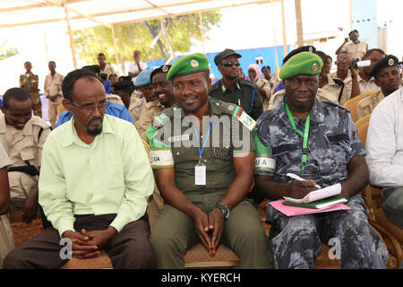 AMISOM and Jubbaland police officers attend the handover ceremony of a renovated police station to Jubbaland State officials in Kismayo, Somalia on October 9, 2017. UN Photo Stock Photo