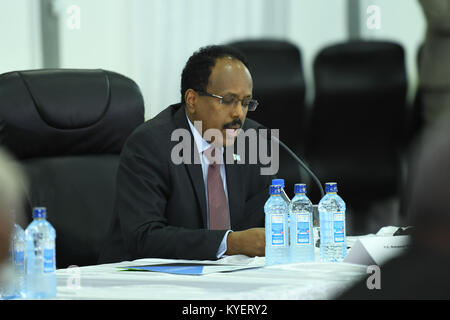 The President of Somalia, Mohamed Abdullahi Farmaajo poses for a group ...