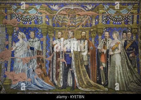 Hohenzollern royal family depicted in the mosaic designed by German painter Hermann Schaper (1905-1906) inside the Kaiser Wilhelm Memorial Church (Kaiser-Wilhelm-Gedächtniskirche) in Berlin, Germany. Members of the House of Hohenzollern are depicted from left to right: Queen Louise and King Friedrich Wilhelm III of Prussia, King Friedrich Wilhelm IV of Prussia, German Emperor Wilhelm I, German Emperor Friedrich III, who reigned 90 days only in 1888, German Emperor Wilhelm II and his spouse Empress Augusta Victoria, German Crown Prince Wilhelm and his spouse Duchess Cecilie. Stock Photo