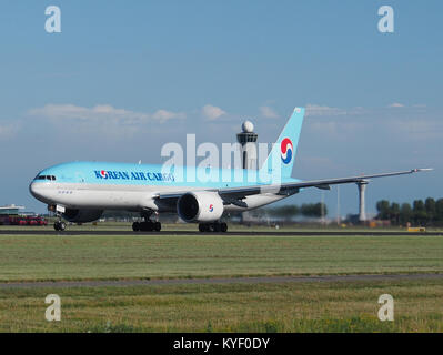 Photograph of HL8043, a Boeing 777-FB5 freighter (serial number 62693) operated by Korean Air, taking off from Amsterdam Airport Schiphol. Stock Photo