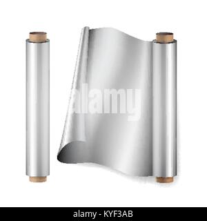 Aluminium Foil Roll Vector. Close Up Top View. Opened And Closed. Realistic Illustration Isolated On White Stock Vector