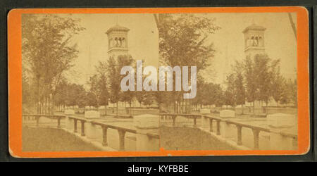 View of Clinton showing fence, trees, the steeple of a church and a ...