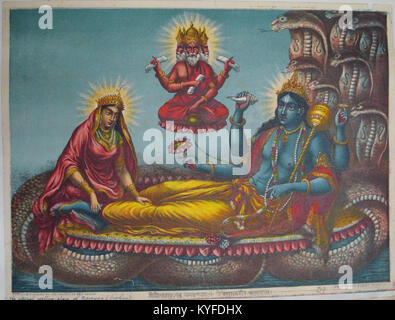 Vishnu rests on the serpent Ananta while Brahma appears within a lotus flower emitting from Vishnu's navel Stock Photo