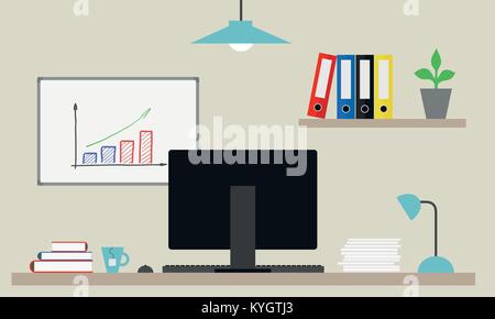 Vector illustration of office with computer, paper and books on desk and files and board with growing graph - Flat design Stock Vector