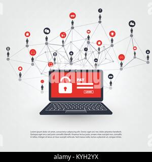 Network Vulnerability, Locked Device, Encrypted Files, Lost Documents, Ransomware Attack - Virus, Malware, Fraud, Spam, Phishing, Email Scam, Hacking Stock Vector