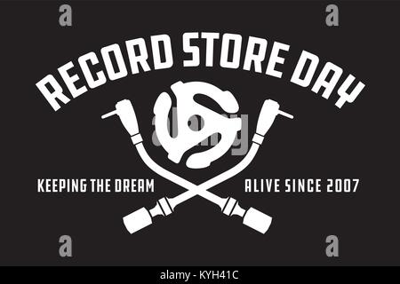 Record Store Day Badge or Emblem Vector Design. Black and white design featuring crossed turntable tone arms and vinyl record spindle adaptor. Stock Vector