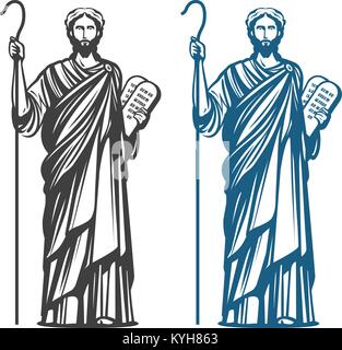 Moses holds in hand two stone tablets of covenant with ten commandments. Judaism religion, Jewish prophet symbol. Vector illustration Stock Vector