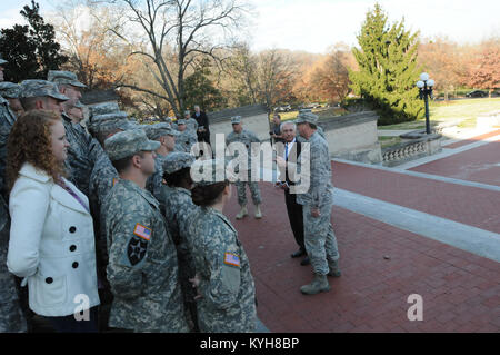 Kentucky Governor, Steve Beshear and the Adjutant General, Maj. Gen. Edward W. Tonini, speak to new Kentucky Guard recruits on the steps of the State Capitol in Frankfort, Ky., Nov. 20, 2012. (Kentucky National Guard photo by Sgt. Scott Raymond) Stock Photo