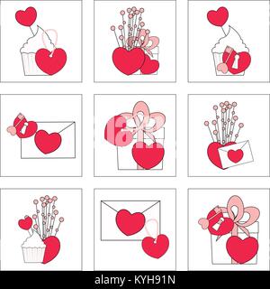 Vector illustration of Love icons. Ideal for Valetine Cards decoration. Hearts icons set. Cute gifts, cakes, bouquet, necklace Stock Vector