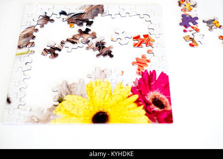 A jigsaw puzzle with work in progress on a white artboard. USA. Stock Photo