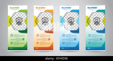 Business Roll Up Banner with 4 Various Color. Standee Design. Banner Template. Vector Illustration Stock Vector