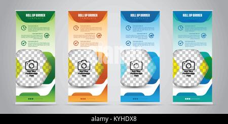 Business Roll Up Banner with 4 Various Color. Standee Design. Banner Template. Vector Illustration Stock Vector