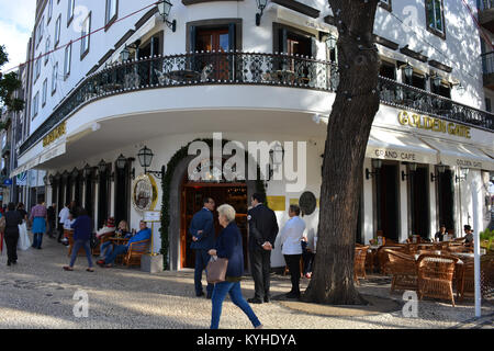 Waiters and staff outside the renovated Golden Gate Grand Cafe on Av. Zarco, Funchal, Madeira, Portugal Stock Photo