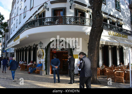 Waiters and staff outside the renovated Golden Gate Grand Cafe on Av. Zarco, Funchal, Madeira, Portugal Stock Photo