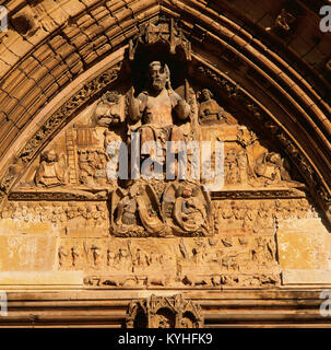 Old Catheral of Lleida (La Seu Vella). Door of the Apostles. West wing. By Guillem Solivella, 14th century. Tympanum. Christ Judge with scenes of the Passio and the Final Judgment. Lleida, Catalonian, Spain. Stock Photo