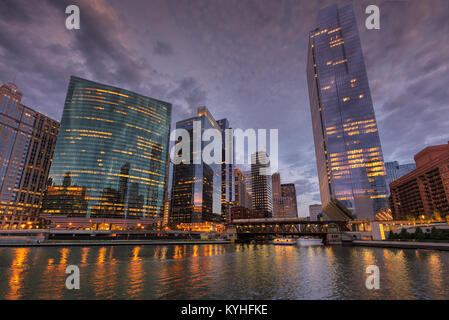 Chicago city skyline and Chicago river at dusk, Chicago, Illinois. Stock Photo