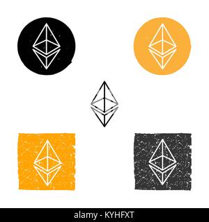 Ethereum - vector symbol of digital crypto currency, set of icons linear, grunge Stock Vector