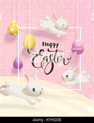 Easter flyer or postcard template with colorful eggs hanging on strings, cute bunnies, square border and hand written inscription against pink and yellow textured background. Vector illustration Stock Vector