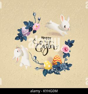 Happy Easter inscription surrounded by decorated eggs, cute white bunnies and beautiful half colored rose flowers. Holiday wish and seasonal decorations. Vector illustration for greeting card, banner Stock Vector