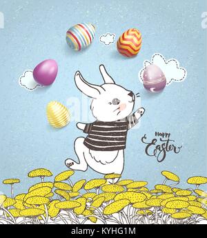 Funny hand drawn baby rabbit wearing striped t-shirt juggling with decorated eggs on floral meadow and Happy Easter handwritten inscription against blue background with clouds. Vector illustration. Stock Vector