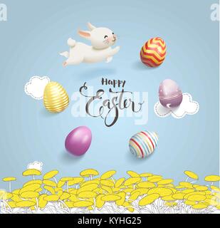 Happy Easter inscription handwritten with calligraphic font surrounded by colorful decorative eggs and cute white rabbit, dandelion field and blue sky with clouds on background. Vector illustration. Stock Vector