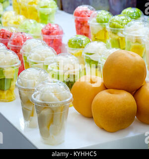 Fresh fruit Salad in plastic cups (Korean Street food) Stock Photo