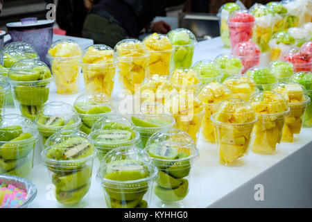 Fresh fruit Salad in plastic cups (Korean Street food) Stock Photo