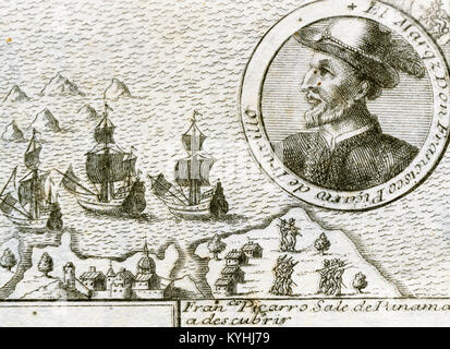 Francisco Pizarro y Gonzalez, 1st Marquess of los Atabillos ( c.1471 or 1476-1541). Spanish conqueror of the Incan Empire and founder of Lima. Peru. Pizarro leaving from Panama heading south. Engraving, 1726. Stock Photo