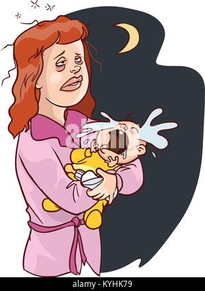 Vector of a Cartoon Sleepless White Mother Carrying a Crying Baby Stock Vector