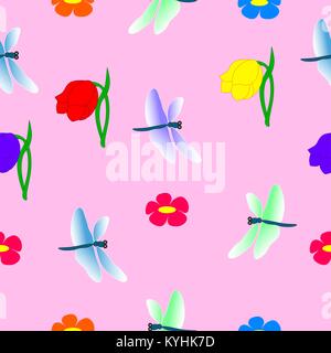 Seamless pattern dragonflies and brightly blooming flowers. Stock Vector