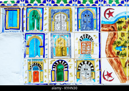 Gorgeous patchwork pattern from colorful Tunisian tiles. Stock Photo