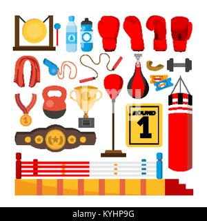 Boxing Equipment Tools Set Vector. Box Accessories. Boxer, Ring, Belt, Punch Bags, Red Gloves, Helmet. Isolated Flat Cartoon Illustration Stock Vector