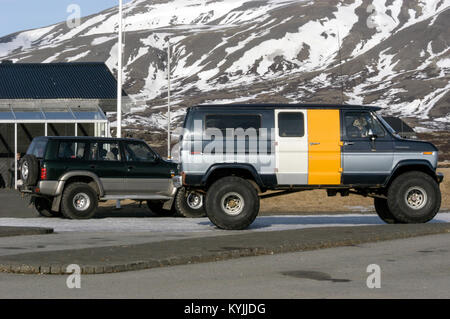 A privately owned customised 4x4 vehicles in Iceland. Many are fitted with 48 inch wide tyres for driving off-road over rough terrain in deep snow are Stock Photo