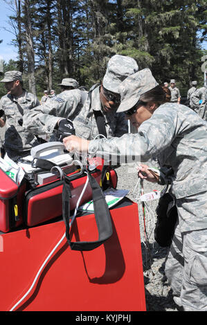 Senior Airman Buni Durham, a Kentucky Air National Guard medic, and 2nd Lt. Ashley Nix, a flight nurse, set up a medical monitor during the Cascadia Rising exercise June 7, 2016, at Camp Rilea, Oregon. Cascadia Rising simulates a 9.0-magnitude earthquake along the Cascadia Subduction Zone, which tests the Oregon and Kentucky National Guard’s CBRNE Enhanced Responce Force Package’s (CERFP) ability to work alongside local, state and federal first responders and public safety officials during a disaster response effort. The Kentucky Airmen assigned to the CERFP are from the 123rd Airlift Wing, ba Stock Photo