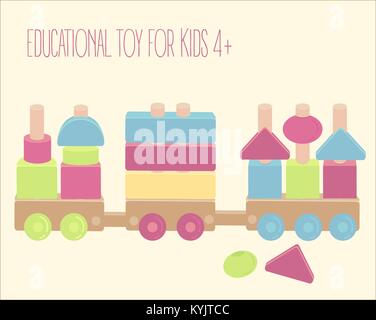 Wooden toy train with colorful blocks isolated over white Stock Vector