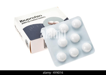 Retail pack of Ibuprofen tablets - white background Stock Photo