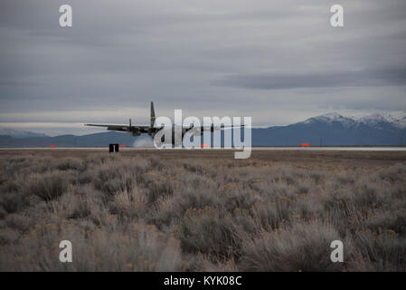 A Wyoming Air National Guard C-130 delivers cargo to Amedee Army Airfield, Calif., in support of Operation Lumberjack on March 8, 2016. The Kentucky Air National Guard’s 123rd Contingency Response Group is working in conjunction with the U.S. Army’s 688th Rapid Port Opening Element and a team from the Defense Logistics Agency to operate Joint Task Force-Port Opening Sangala during the week-long exercise. The objective of the JTF-PO is to establish an aerial port of debarkation, provide initial distribution capability and set up warehousing for distribution beyond a forward node. (Kentucky Air  Stock Photo