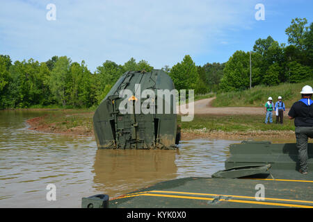 Interior Bay of an improved ribbon bridge loaded M1977 Common Bridge Transporter (CBT) belonging to the 2061st Multi Role Bridge Company as part of their annual training at Fort Knox Kentucky on 15 Jul 2016. (Kentucky National Guard photo by Walt Leaumont) Stock Photo