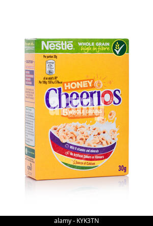 LONDON, UK - JANUARY 10, 2018: Pack of Cheerios  whole grain ceral for breakfast on white background.Product of Nestle Stock Photo
