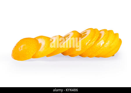 Kumquat slices side view. Tiny citrus close up isolated on white, clipping path included Stock Photo