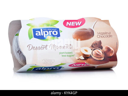 LONDON, UK - JANUARY 10, 2018: Package of Alpro Dessert Moments with hazelnut chocolate flavor on white background Stock Photo