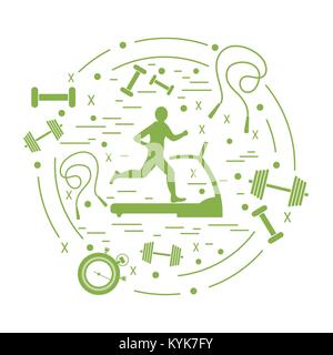 Vector illustration of the man jogging on a treadmill and different kinds of sports equipment arranged in a circle. Including icons of skipping rope,  Stock Vector